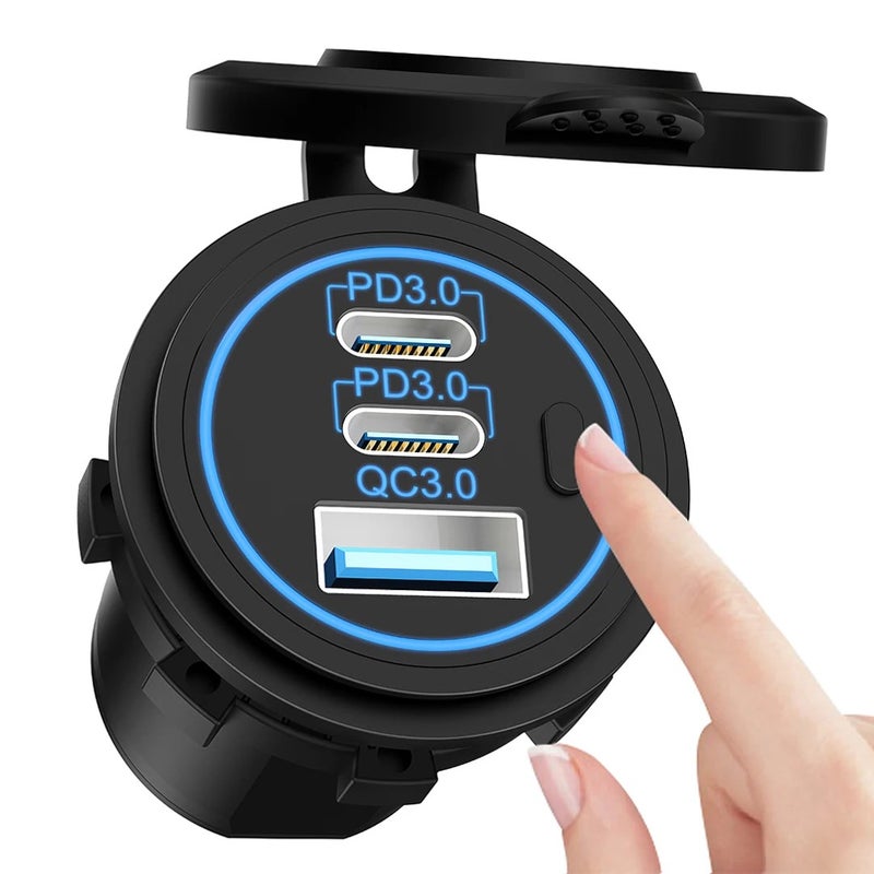 Bluejw Universal Flush Mount Fast Car Charger LED Light 12V/24V 3 USB Port Charging Socket Outlet for Bus Seat, Bike, Automobile, Fleet Vehicle - Image 2